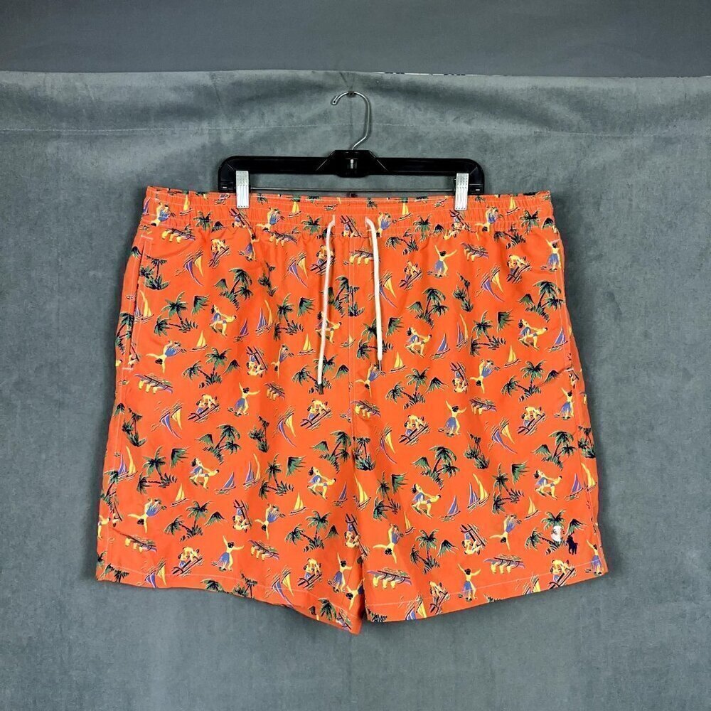 Polo Ralph Lauren Swim Trunks Mens 2XLT TALL Orange Hawaiian Print NWOT